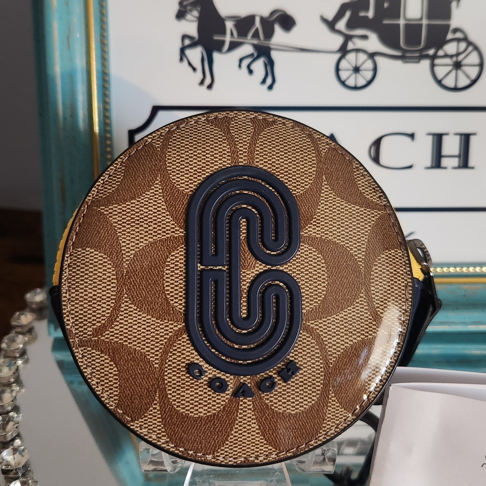Coach Brown & Tan Signature Round Crossbody Coin Purse